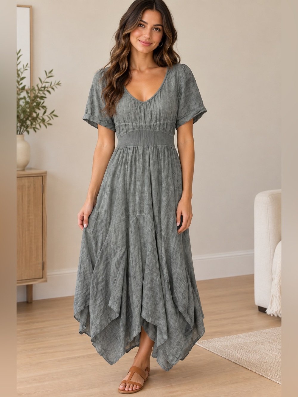 Asymmetrical V-Neck Handkerchief Hem Dress in Slate Gray